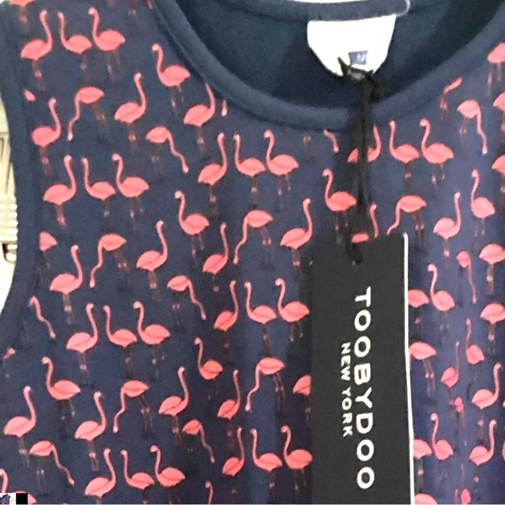 12 Fun Pink Flamingos Toobydoo Navy Blue A-Line Tank Dress Sleeveless Tee